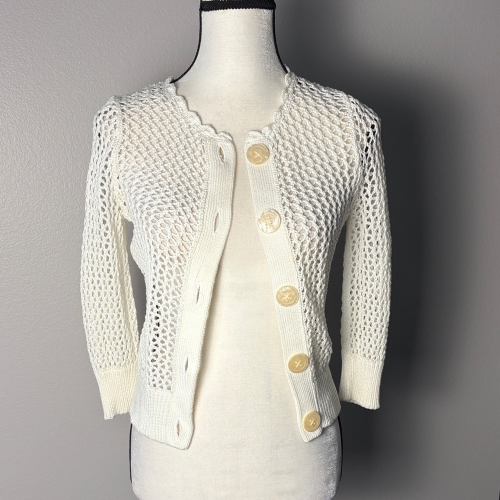Banana Republic White Open Weave 3/4 Length Sleeve Cardigan (Size XS)